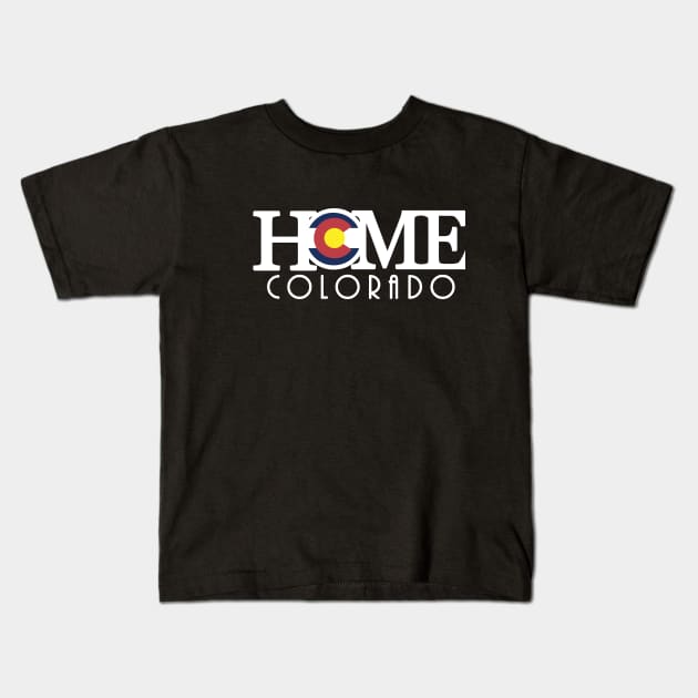 HOME Colorado (long white text) Kids T-Shirt by HomeBornLoveColorado